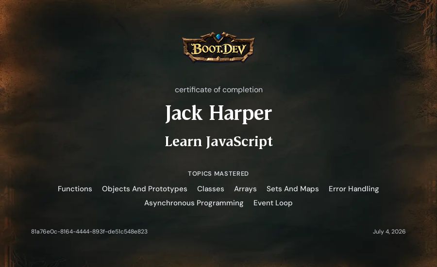 Jack Harper's Boot.dev Learn JavaScript certificate