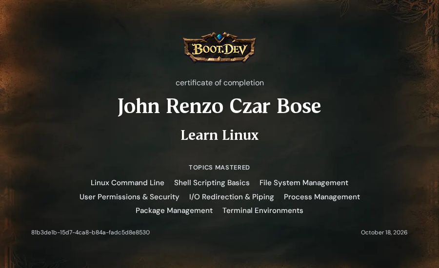 John Renzo Czar Bose's Boot.dev Learn Linux certificate