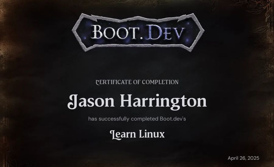 Jason Harrington's Boot.dev Learn Linux certificate