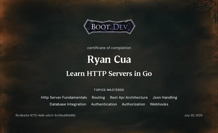 Ryan Cua's Boot.dev Learn HTTP Servers in Go certificate