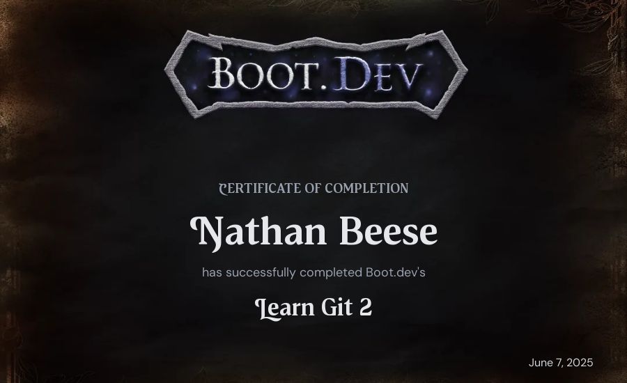 Nathan Beese's Boot.dev Learn Git 2 certificate