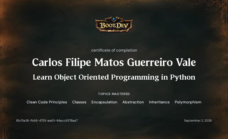 Carlos Valente's Boot.dev Learn Object Oriented Programming in Python certificate