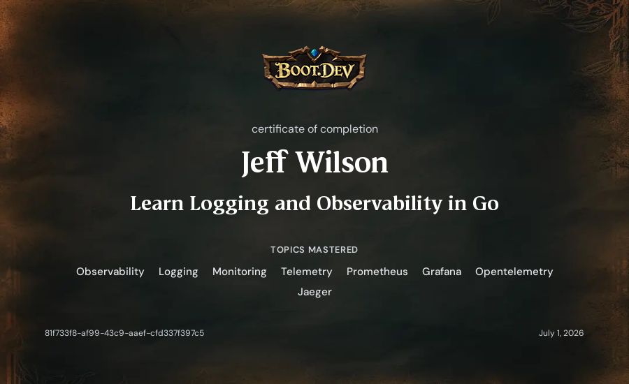 Jeff Wilson's Boot.dev Learn Logging and Observability in Go certificate