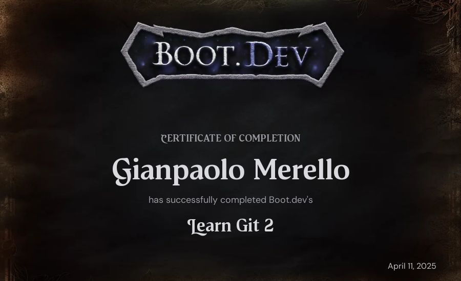 Gianpaolo Merello's Boot.dev Learn Git 2 certificate