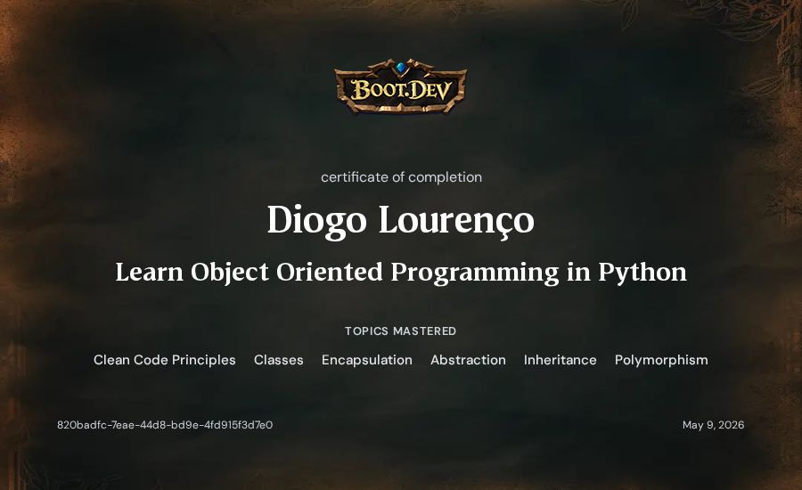 Diogo Lourenço's Boot.dev Learn Object Oriented Programming in Python certificate
