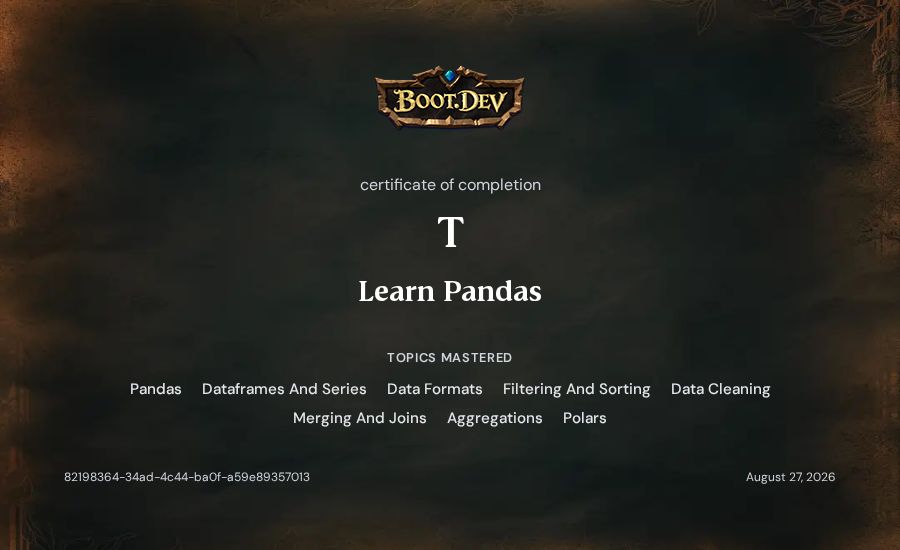 T's Boot.dev Learn Pandas certificate