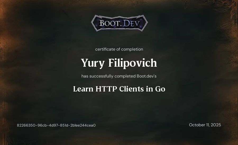 Yury Filipovich's Boot.dev Learn HTTP Clients in Go certificate
