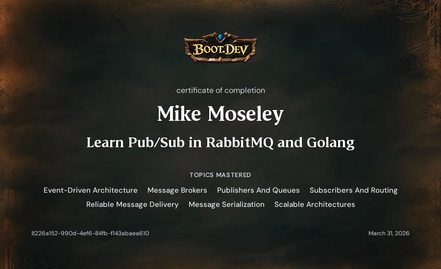 Mike Moseley's Boot.dev Learn Pub/Sub in RabbitMQ and Go certificate