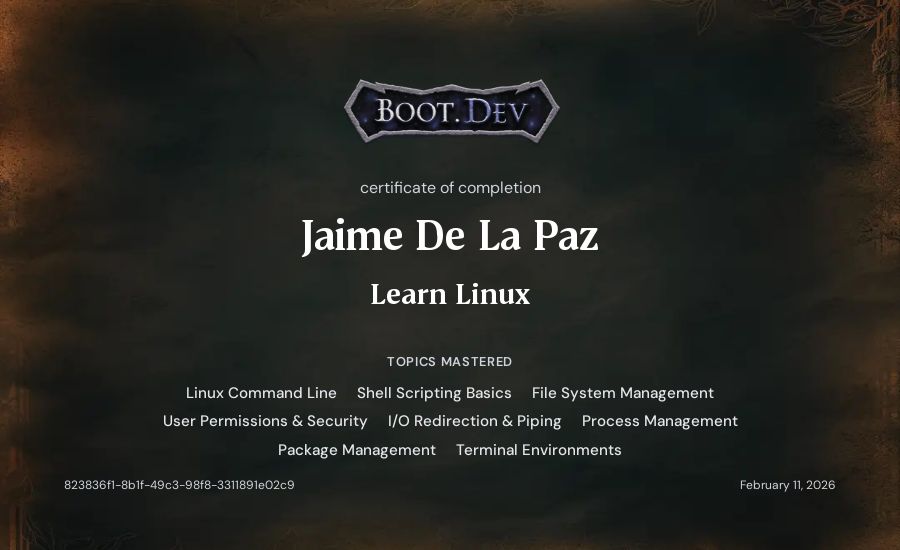 Jaime De La Paz's Boot.dev Learn Linux certificate