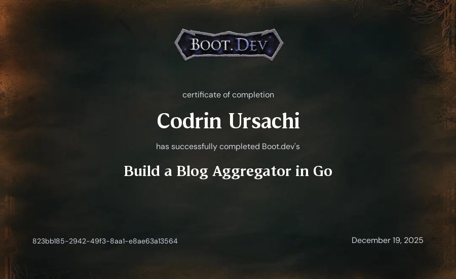 Codrin Ursachi's Boot.dev Build a Blog Aggregator in Go certificate