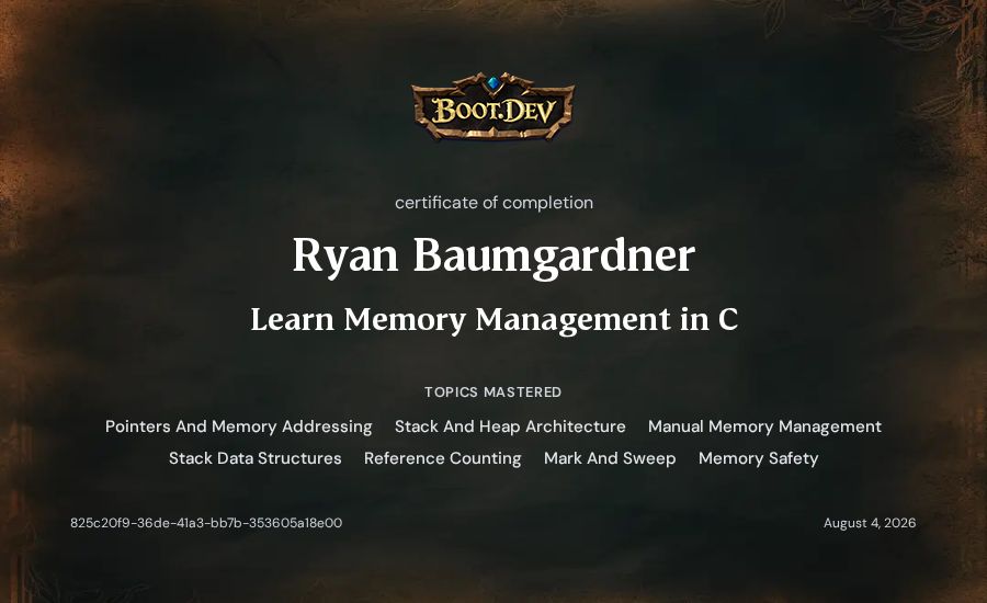 Ryan Baumgardner's Boot.dev Learn Memory Management in C certificate