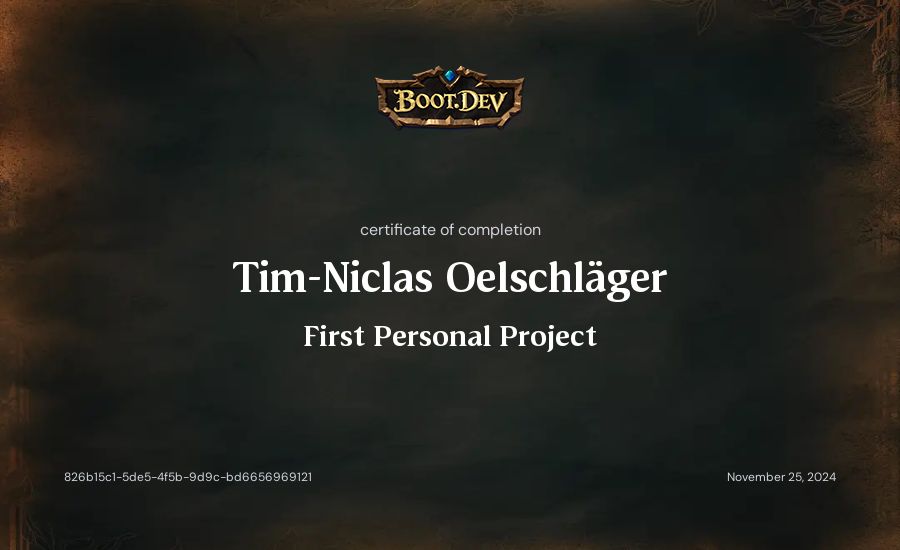 Tim-Niclas Oelschläger's Boot.dev First Personal Project certificate