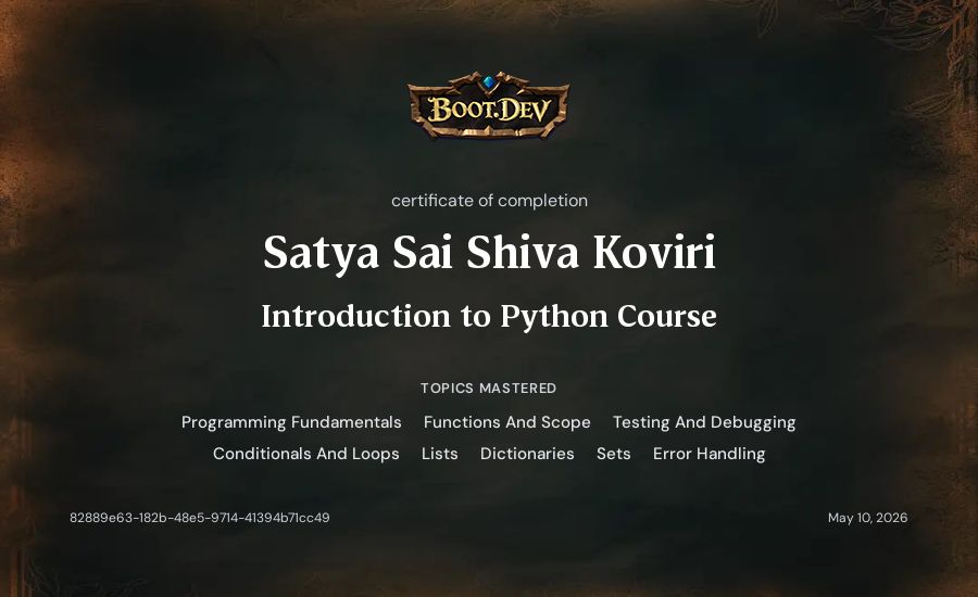 Satya Sai Shiva Koviri's Boot.dev Introduction to Python Course certificate