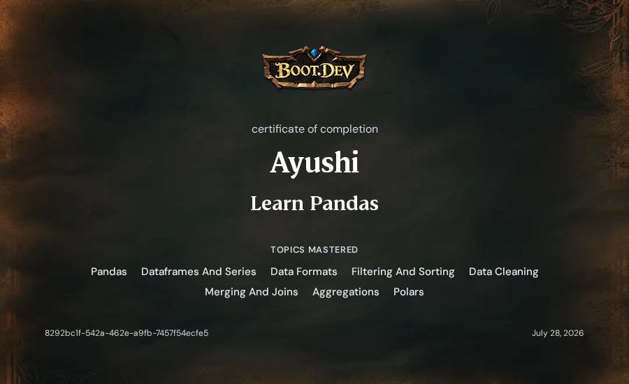 Ayushi's Boot.dev Learn Pandas certificate
