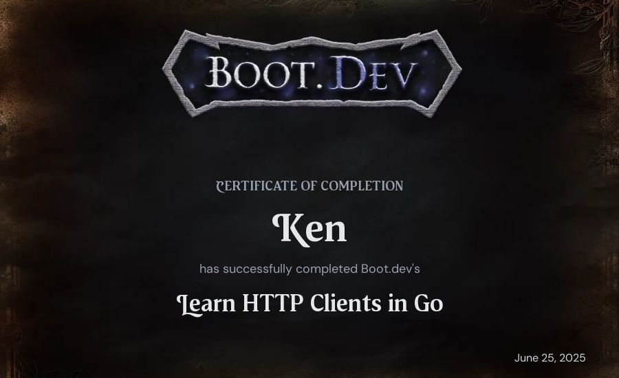 Ken's Boot.dev Learn HTTP Clients in Go certificate