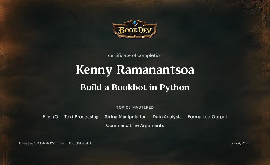 Kenny Ramanantsoa's Boot.dev Build a BookBot in Python certificate