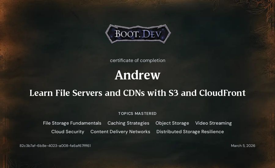 Andrew's Boot.dev Learn File Servers and CDNs with S3 and CloudFront certificate