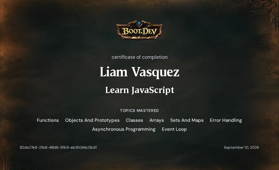 Liam Vasquez's Boot.dev Learn JavaScript certificate