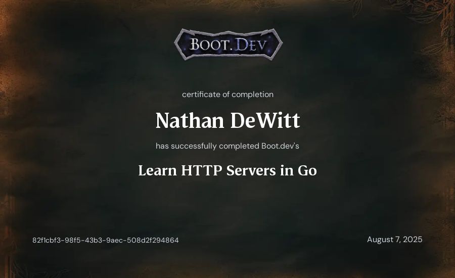Nathan DeWitt's Boot.dev Learn HTTP Servers in Go certificate