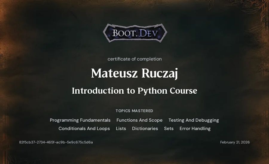 Mateusz Ruczaj's Boot.dev Introduction to Python Course certificate