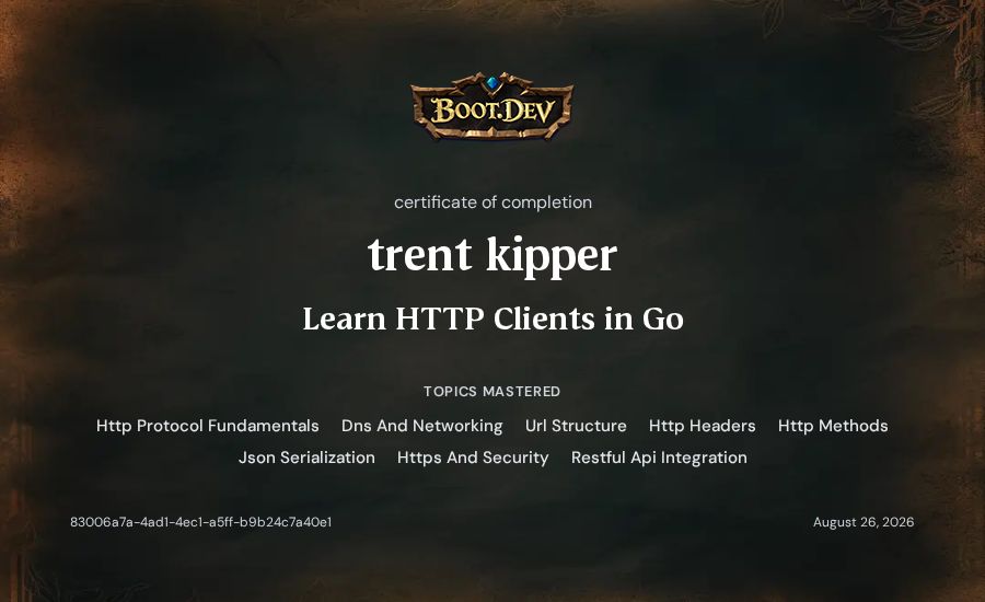 trent kipper's Boot.dev Learn HTTP Clients in Go certificate