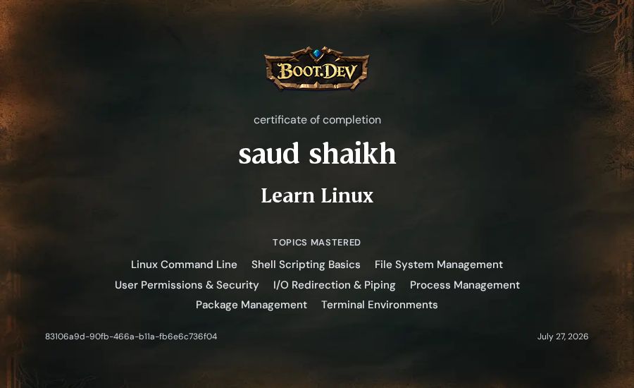 saud shaikh's Boot.dev Learn Linux certificate