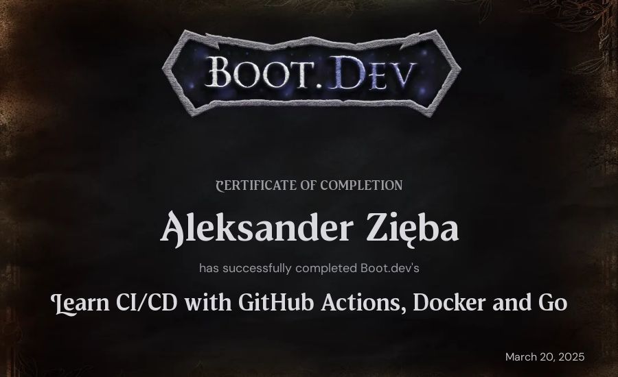 Aleksander Zięba's Boot.dev Learn CI/CD with GitHub Actions, Docker and Go certificate