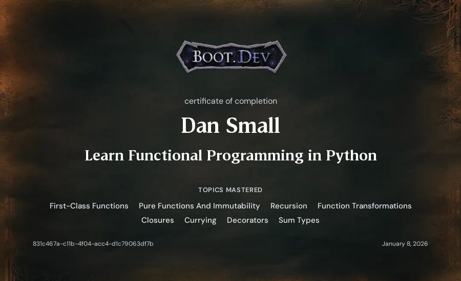 Dan Small's Boot.dev Learn Functional Programming in Python certificate