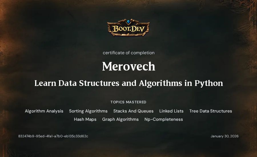 Merovech's Boot.dev Learn Data Structures and Algorithms in Python certificate