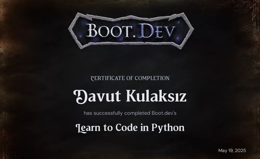Davut Kulaksız's Boot.dev Introduction to Python Course certificate