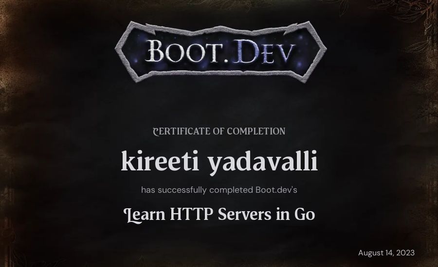 kireeti yadavalli's Boot.dev Learn HTTP Servers in Go certificate