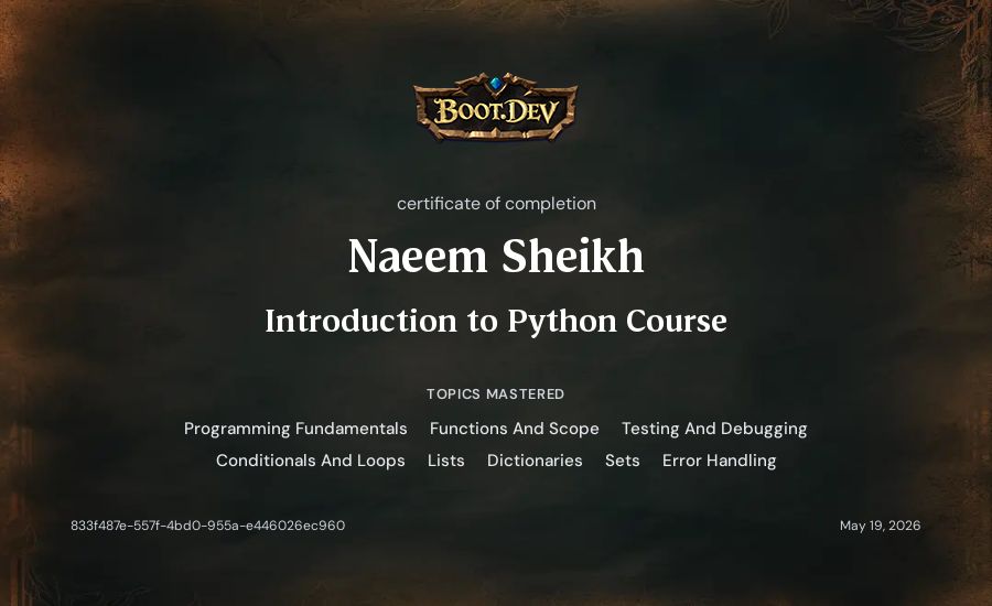 Naeem Sheikh's Boot.dev Introduction to Python Course certificate