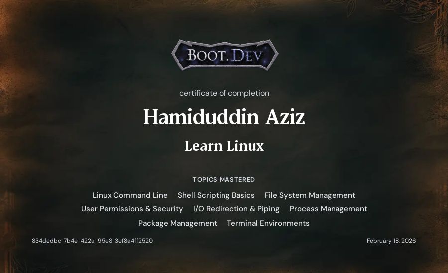Hamiduddin Aziz's Boot.dev Learn Linux certificate