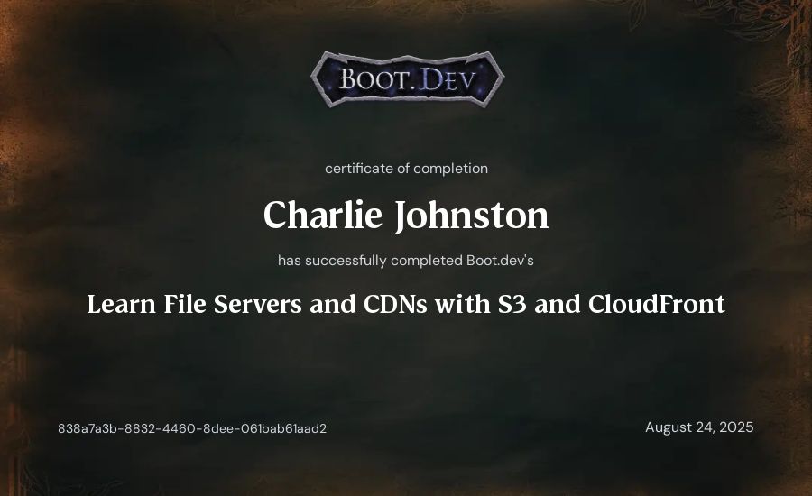 Charlie Johnston's Boot.dev Learn File Servers and CDNs with S3 and CloudFront certificate