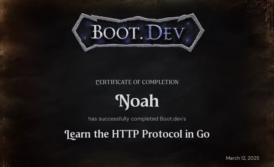 Noah's Boot.dev Learn the HTTP Protocol in Go certificate
