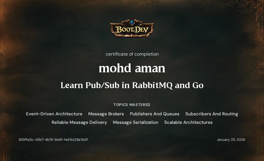 mohd aman's Boot.dev Learn Pub/Sub in RabbitMQ and Go certificate