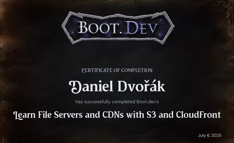 Daniel Dvořák's Boot.dev Learn File Servers and CDNs with S3 and CloudFront certificate