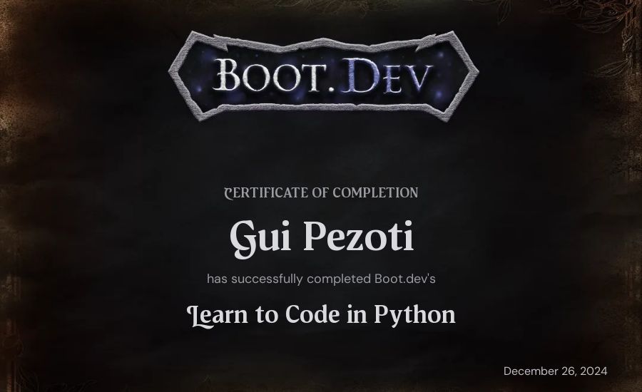 Gui Pezoti's Boot.dev Introduction to Python Course certificate