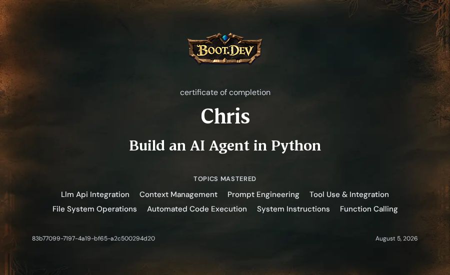Chris's Boot.dev Build an AI Agent in Python certificate