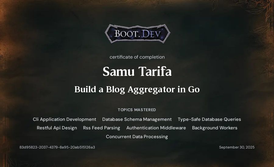 Samu Tarifa's Boot.dev Build a Blog Aggregator in Go certificate