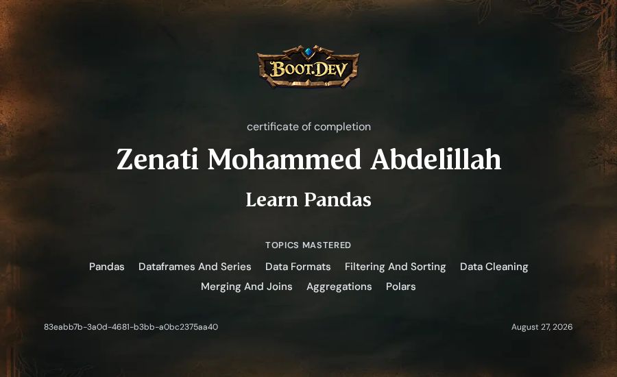 Zenati Mohammed Abdelillah's Boot.dev Learn Pandas certificate
