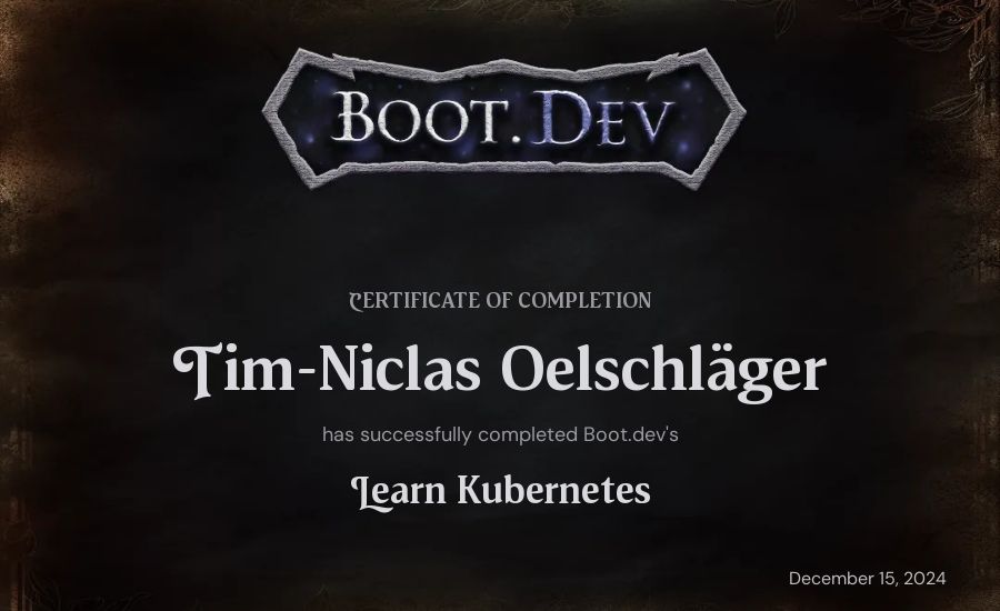 Tim-Niclas Oelschläger's Boot.dev Learn Kubernetes certificate