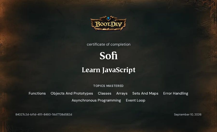 Sofi's Boot.dev Learn JavaScript certificate