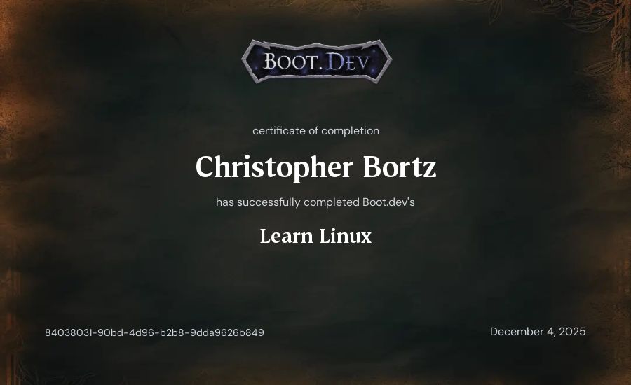 Cyberis's Boot.dev Learn Linux certificate
