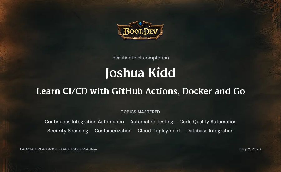 Joshua Kidd's Boot.dev Learn CI/CD with GitHub Actions, Docker and Go certificate