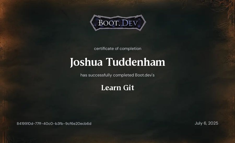Joshua Tuddenham's Boot.dev Learn Git certificate