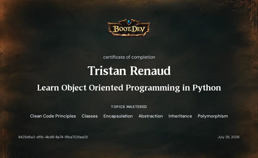 Tristan Renaud's Boot.dev Learn Object Oriented Programming in Python certificate