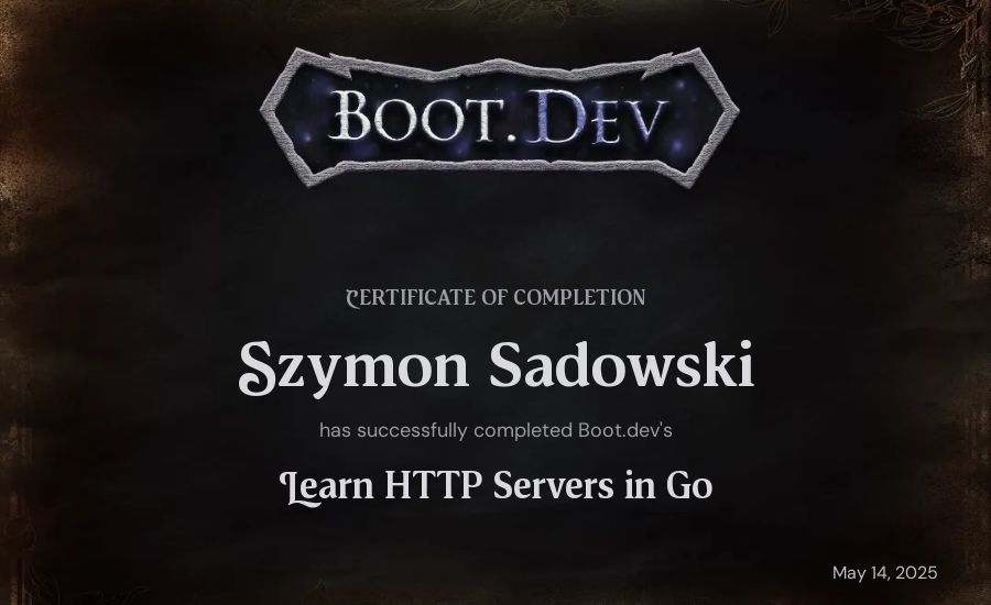 Szymon Sadowski's Boot.dev Learn HTTP Servers in Go certificate