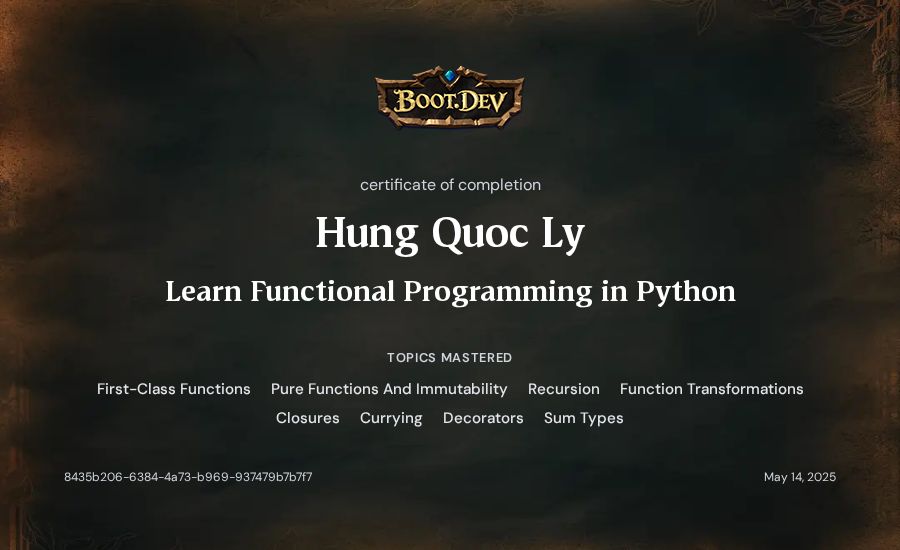 Hung Quoc Ly's Boot.dev Learn Functional Programming in Python certificate
