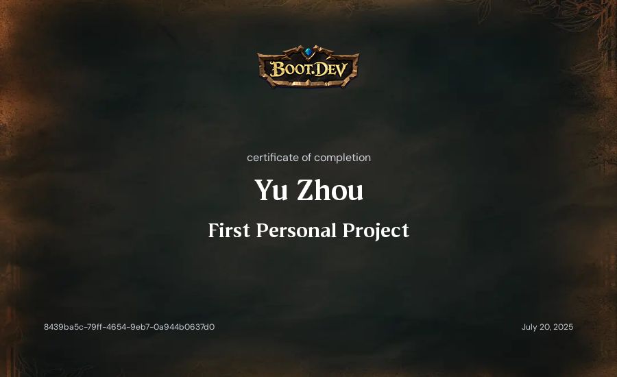 Yu Zhou's Boot.dev First Personal Project certificate